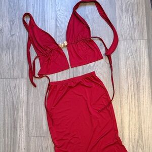 Red Two-Piece Halter Top and Skirt Set